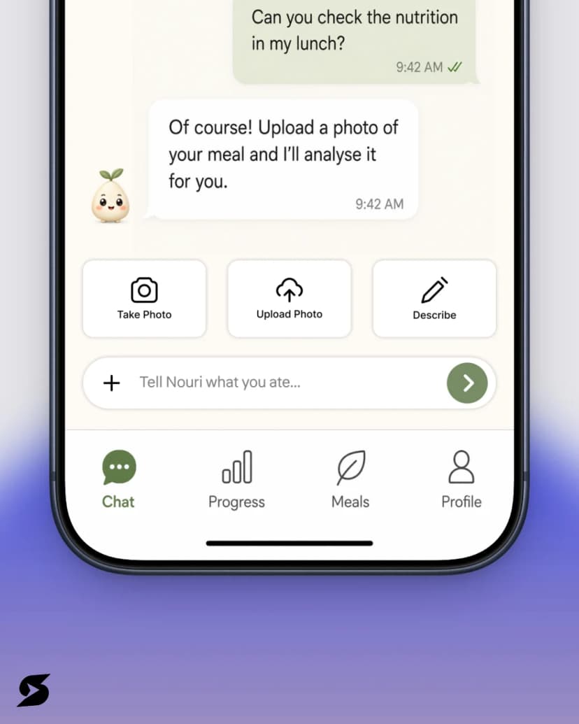 Nouri mobile app meal photo upload options and navigation