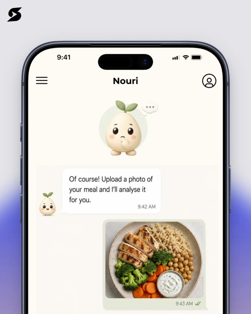 Nouri mobile app displaying an uploaded meal for AI nutrition analysis