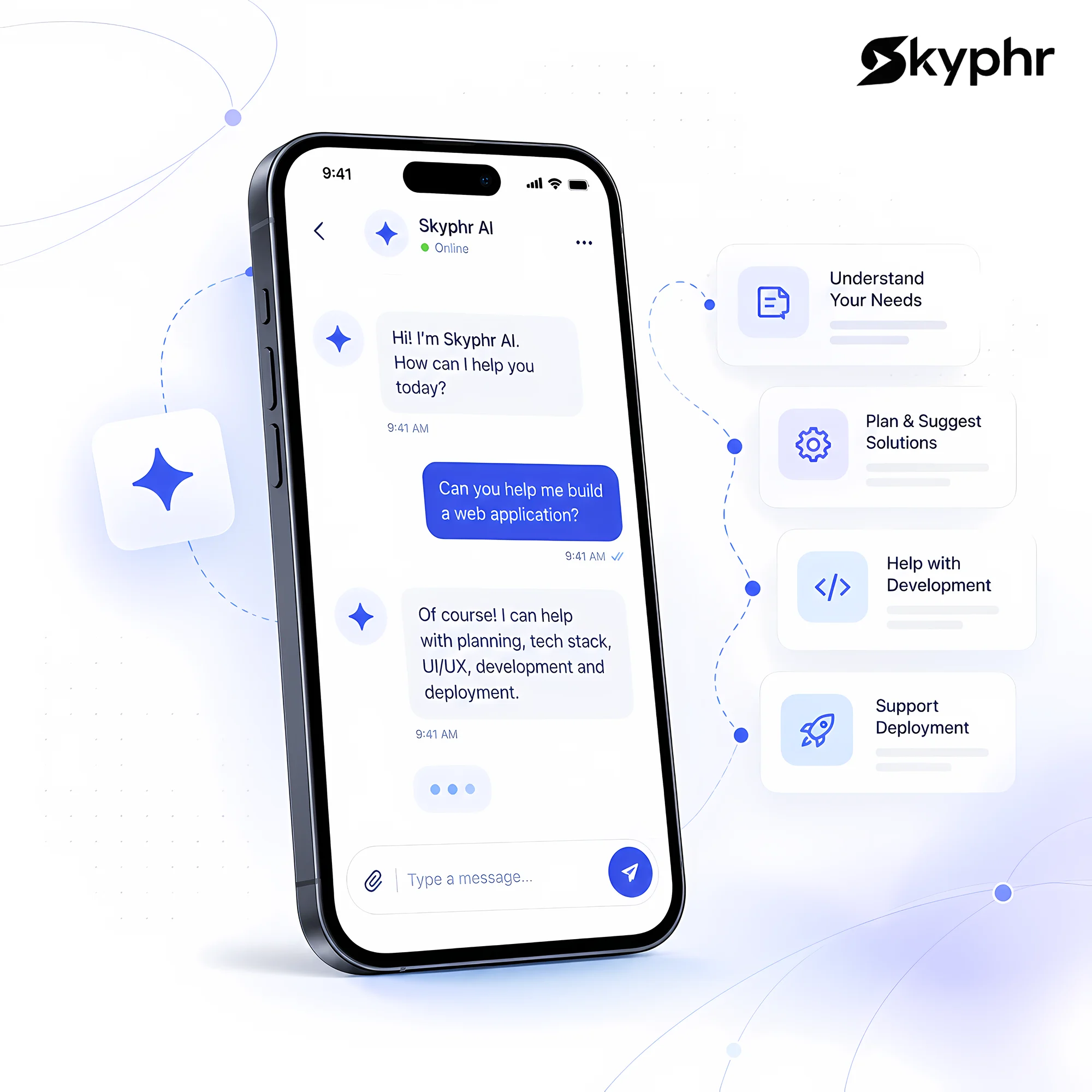 AI chatbot and assistant development services hero illustration AI chatbot and assistant development services hero illustration