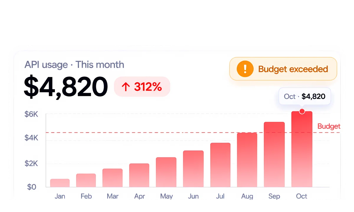 API usage dashboard showing costs up 312% and budget exceeded API usage dashboard showing costs up 312% and budget exceeded