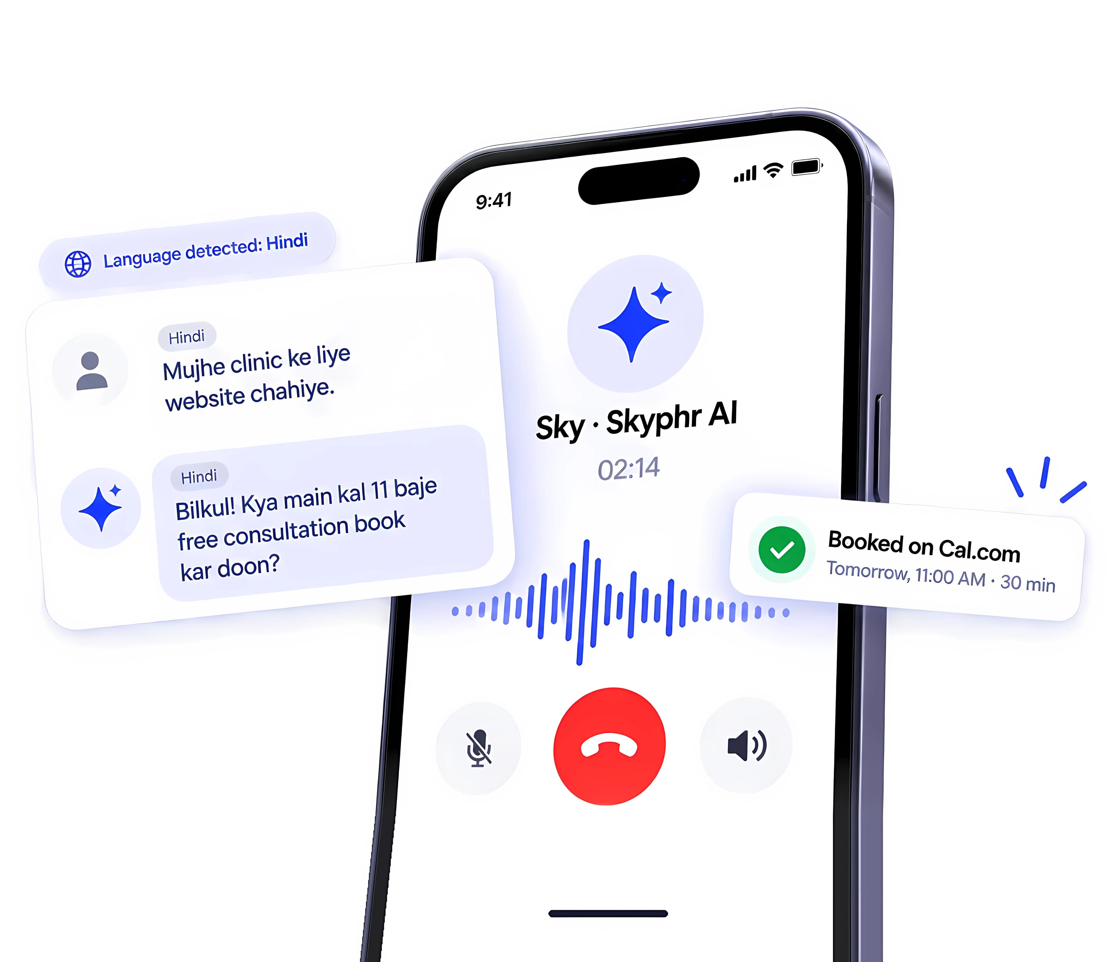 Sky, Skyphr's AI voice agent, on a live call replying in Hindi and booking a consultation on Cal.com Sky, Skyphr's AI voice agent, on a live call replying in Hindi and booking a consultation on Cal.com